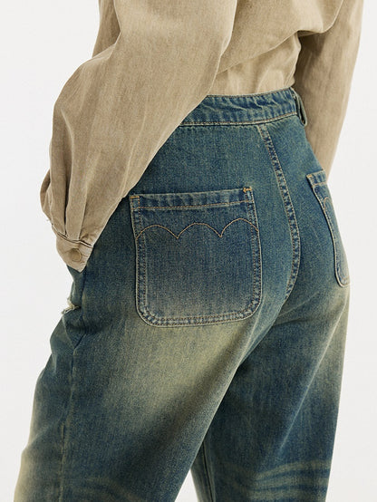 Retro Distressed Wide-leg Jeans