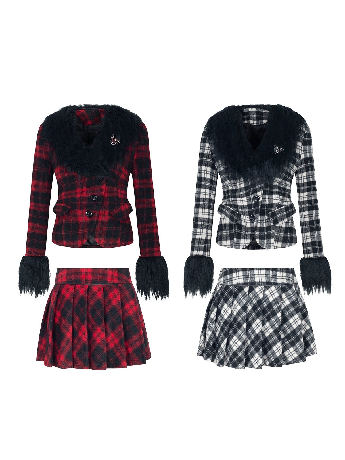 Plaid Fur Collar Short Jacket ＆ Pleated Skirt