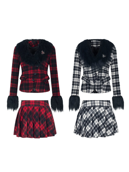 Plaid Fur Collar Short Jacket ＆ Pleated Skirt