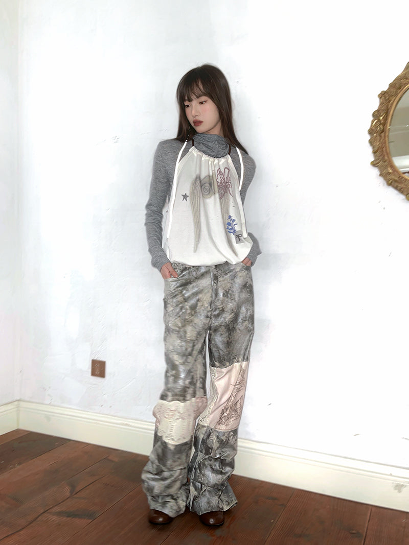 Tie-dye Printed Lace Splicing Pants