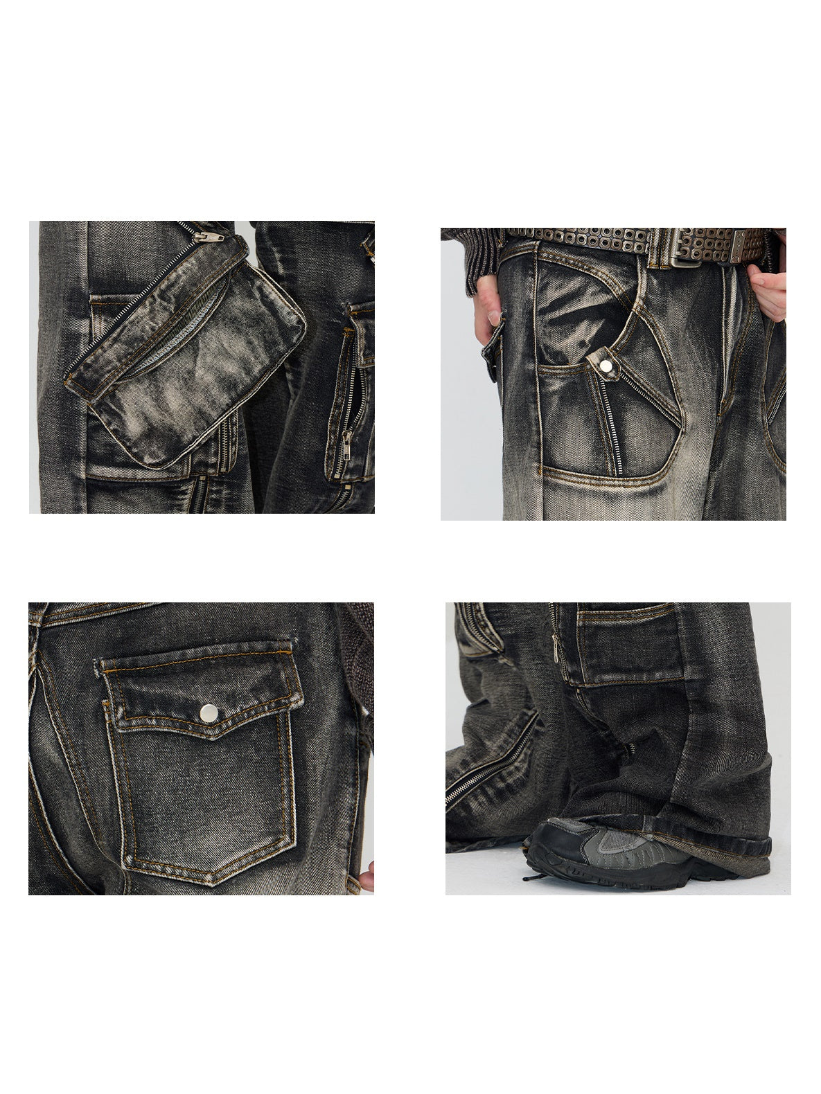 Zipper And Detachable Pockets Wash Cargo Jeans