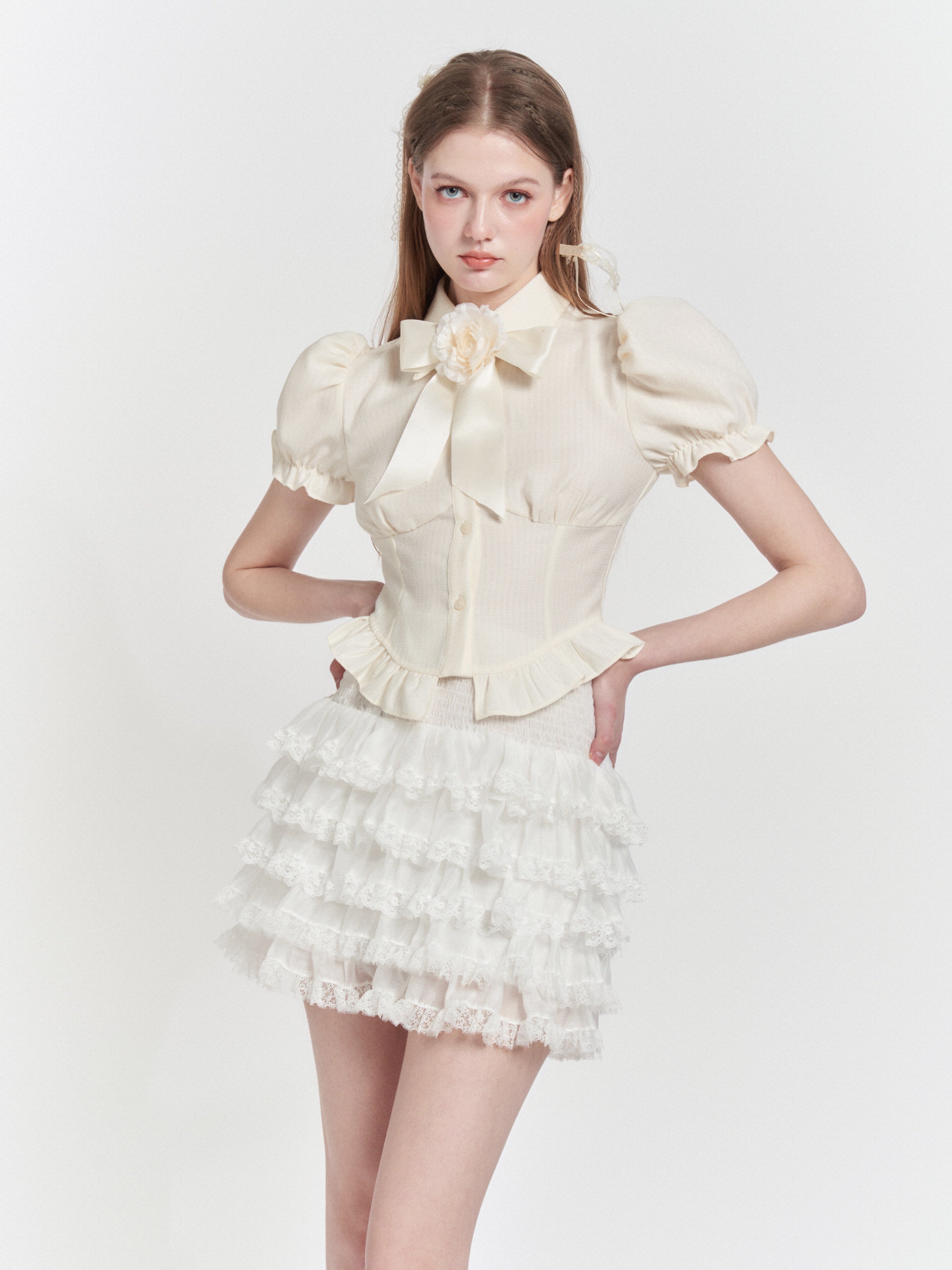 Camellia Ribbon Brooch Ruffle Puff Sleeve Shirt