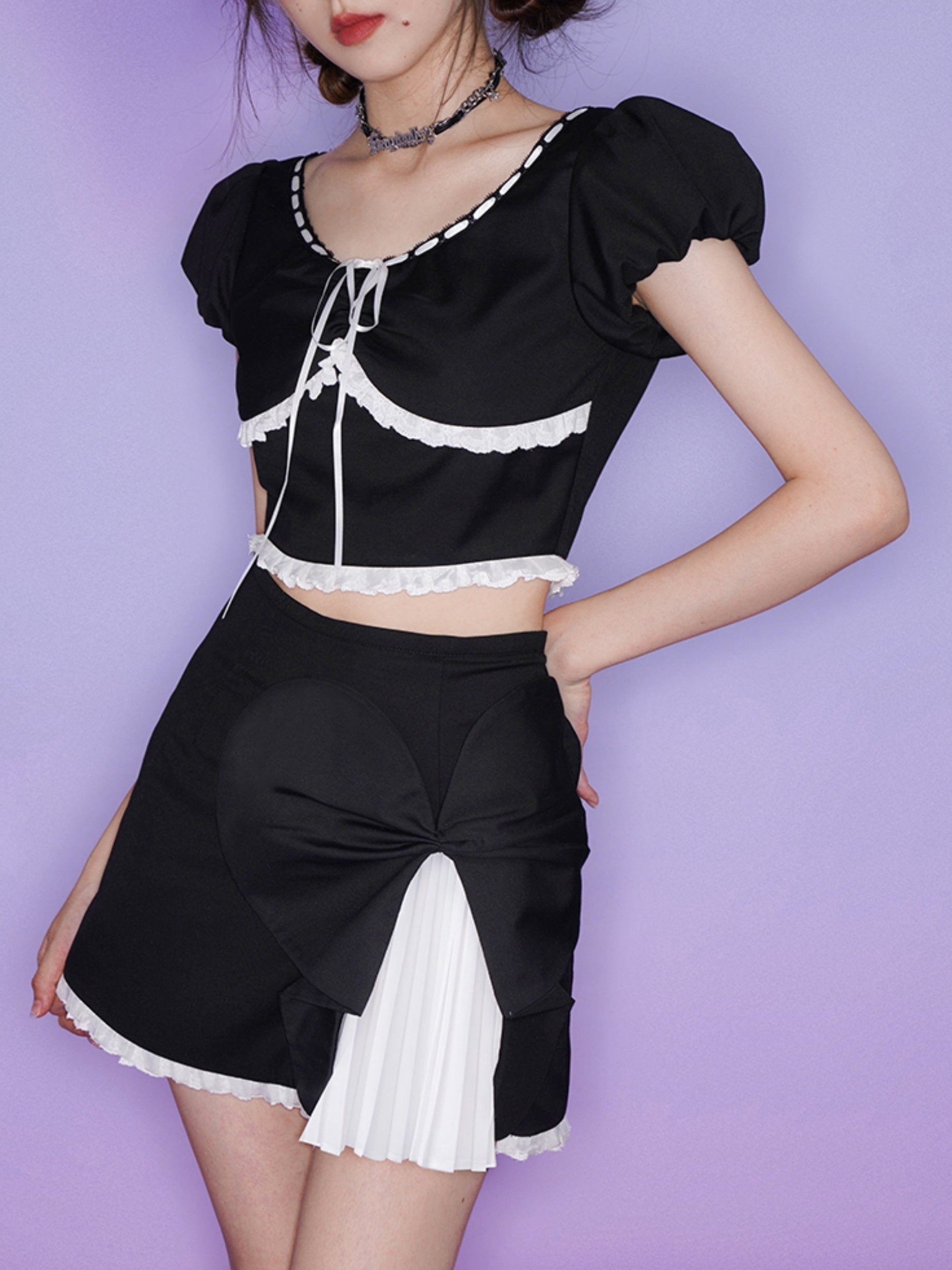 Romantic Puff Sleeve Top &amp; Asymmetry Layered Short Skirt