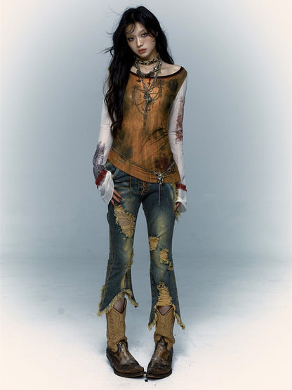 Patchwork Lace Ripped Washed Distressed Cropped Flared Denim Pants