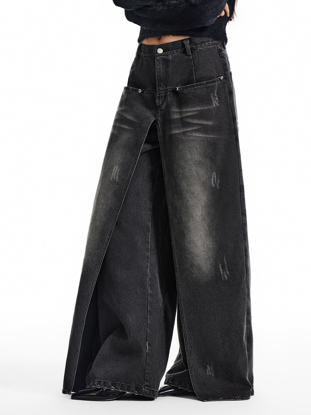 Washed Layered Design Wide-leg Jeans