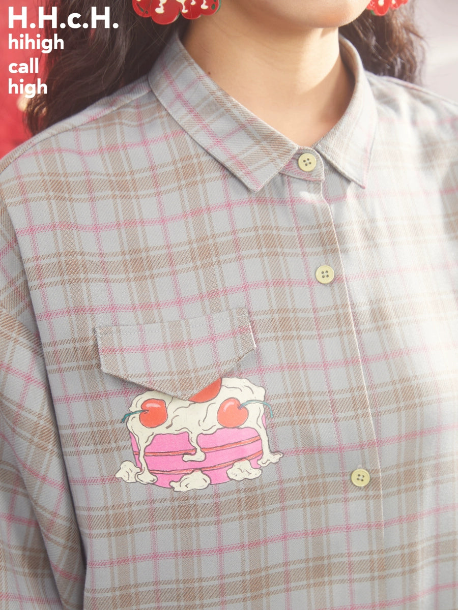 Cherry Cream Cake Print Plaid lose Hemd