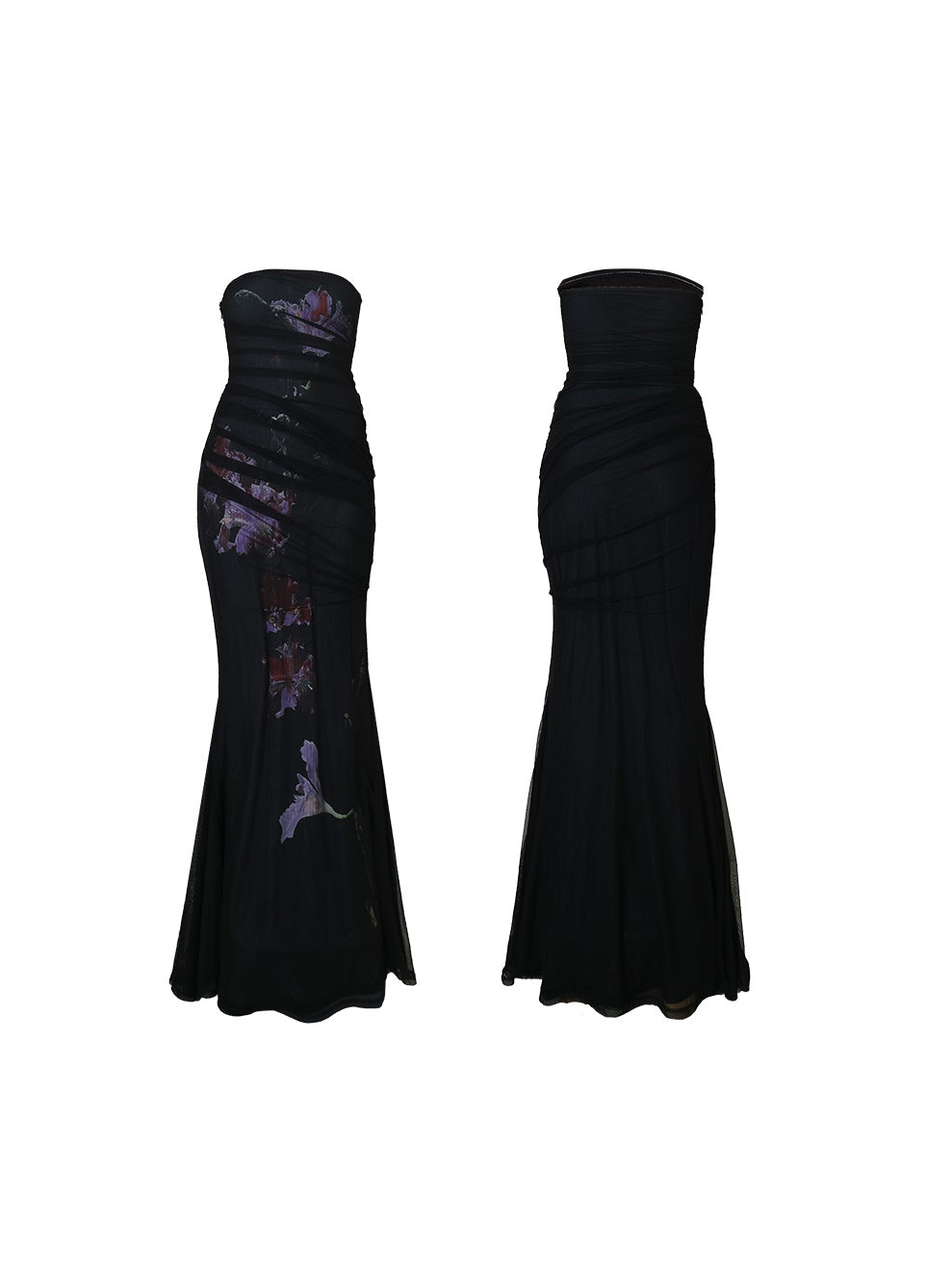 Chinese Style Print Slim Mesh Long Strapless Dress