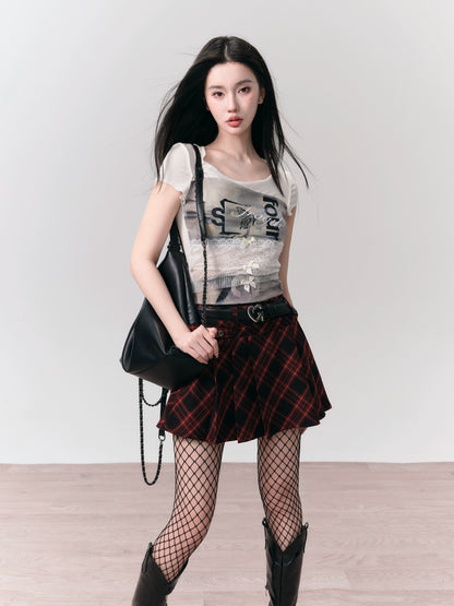 Printed Lace Stitching Bow Slim T-Shirt