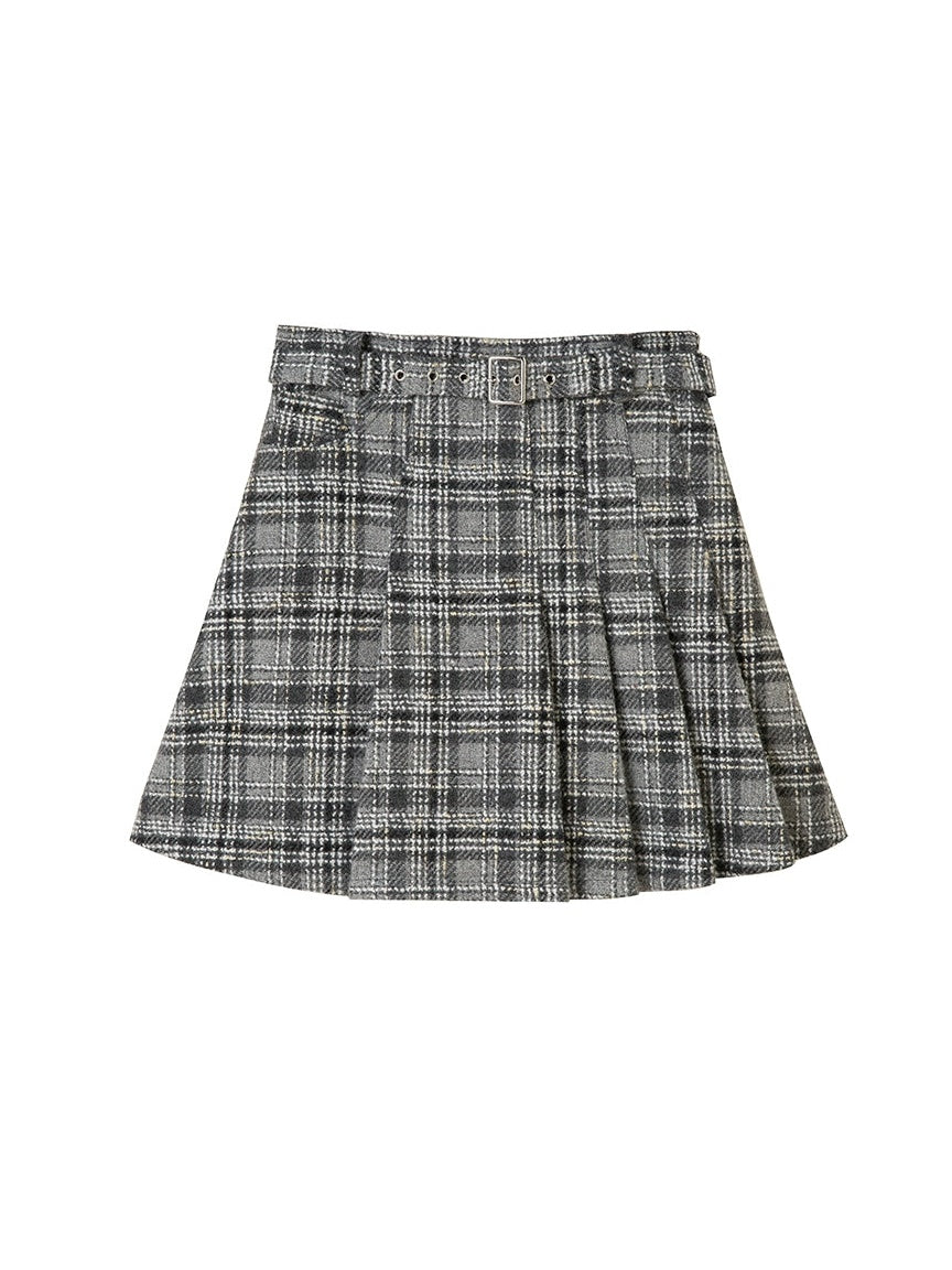 Woven Plaid No-Collar Jacket ＆ Vest ＆ Pleated Skirt