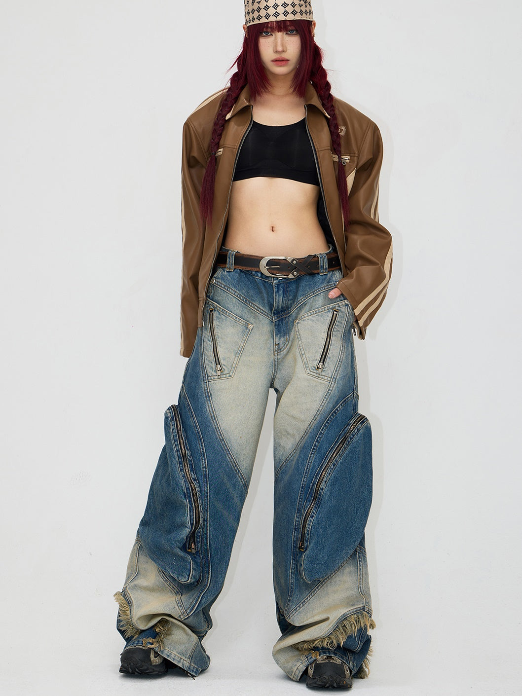 Special-shaped Structure Pocket Bleached Dyed Loose Jeans