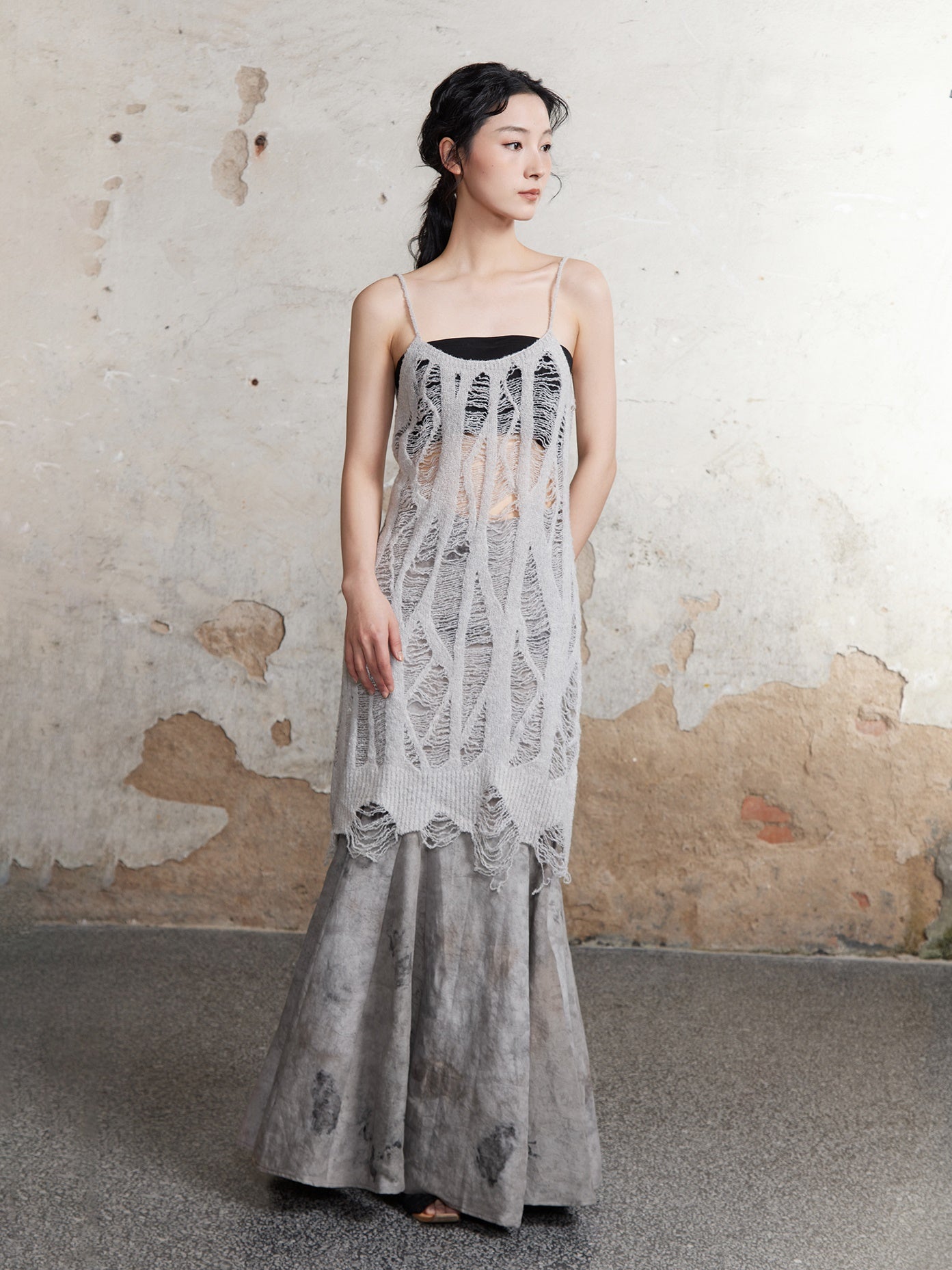 Plant-dyed Mermaid Long Skirt &amp; Hollow Knitted Long Camisole