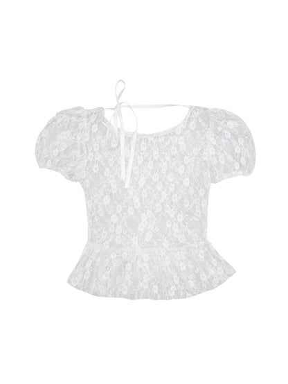 JACQUARD LACE SEE-THROUGH PUFF SLEEVE TOP