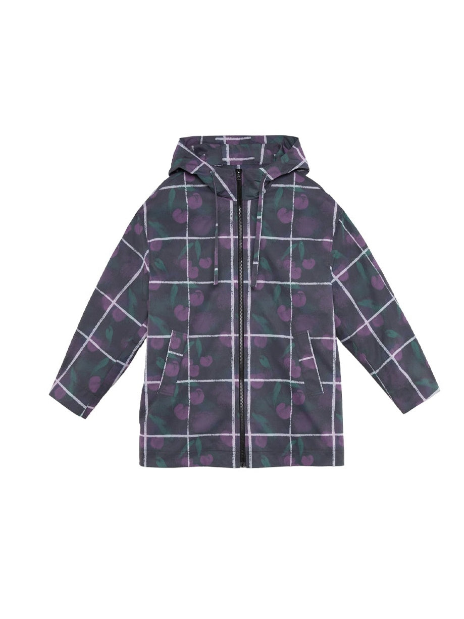 Gradient Cherry Plaid bedruckte Windbreaker -Jacke und Blütenknospenrock mit Kapuzenpolster