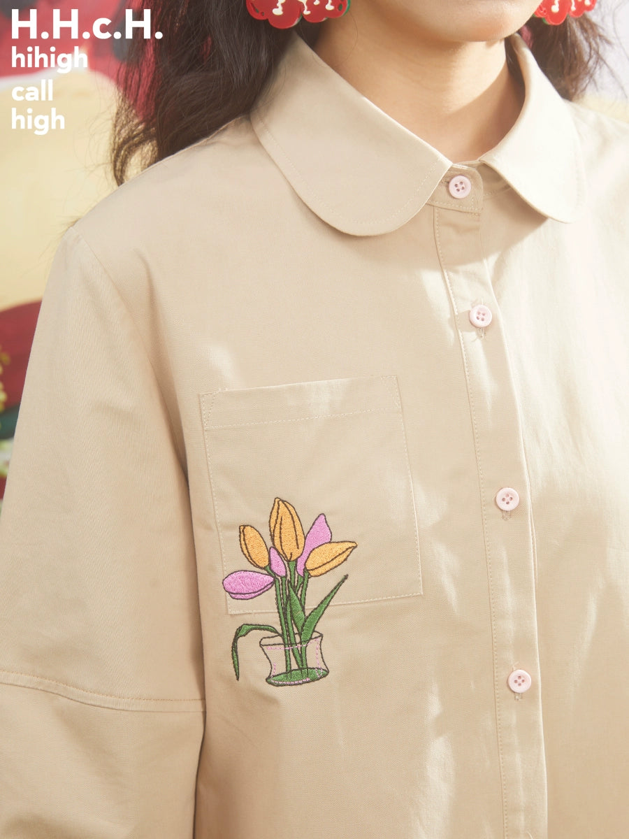 Retro Tulip Embroidered Doll Collar Lantern Sleeve Shirt