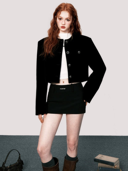 Velvet No-Collar Short Jacket