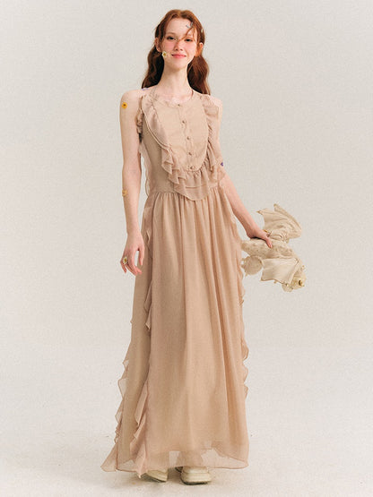 Backless Halter-neck Ruffle Chiffon Long Dress