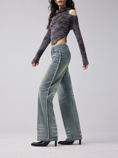 Distressed Washed Straight-leg Low-rise Jeans