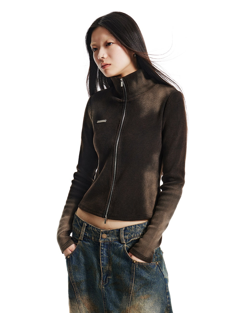 Distressed Elastic Slim Double Zipper Stand Collar Knitted Top