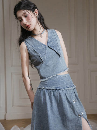 Butterfly Jacquard Denim Sleeveless Top &amp; Skirt Set-up