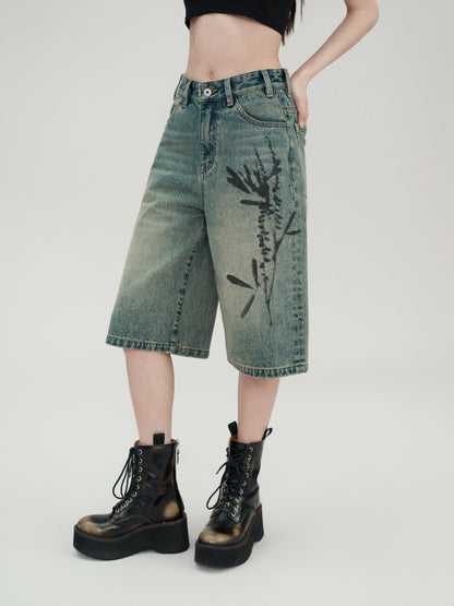 Printed Flowers Retro Distressed Loose Denim Half Pants