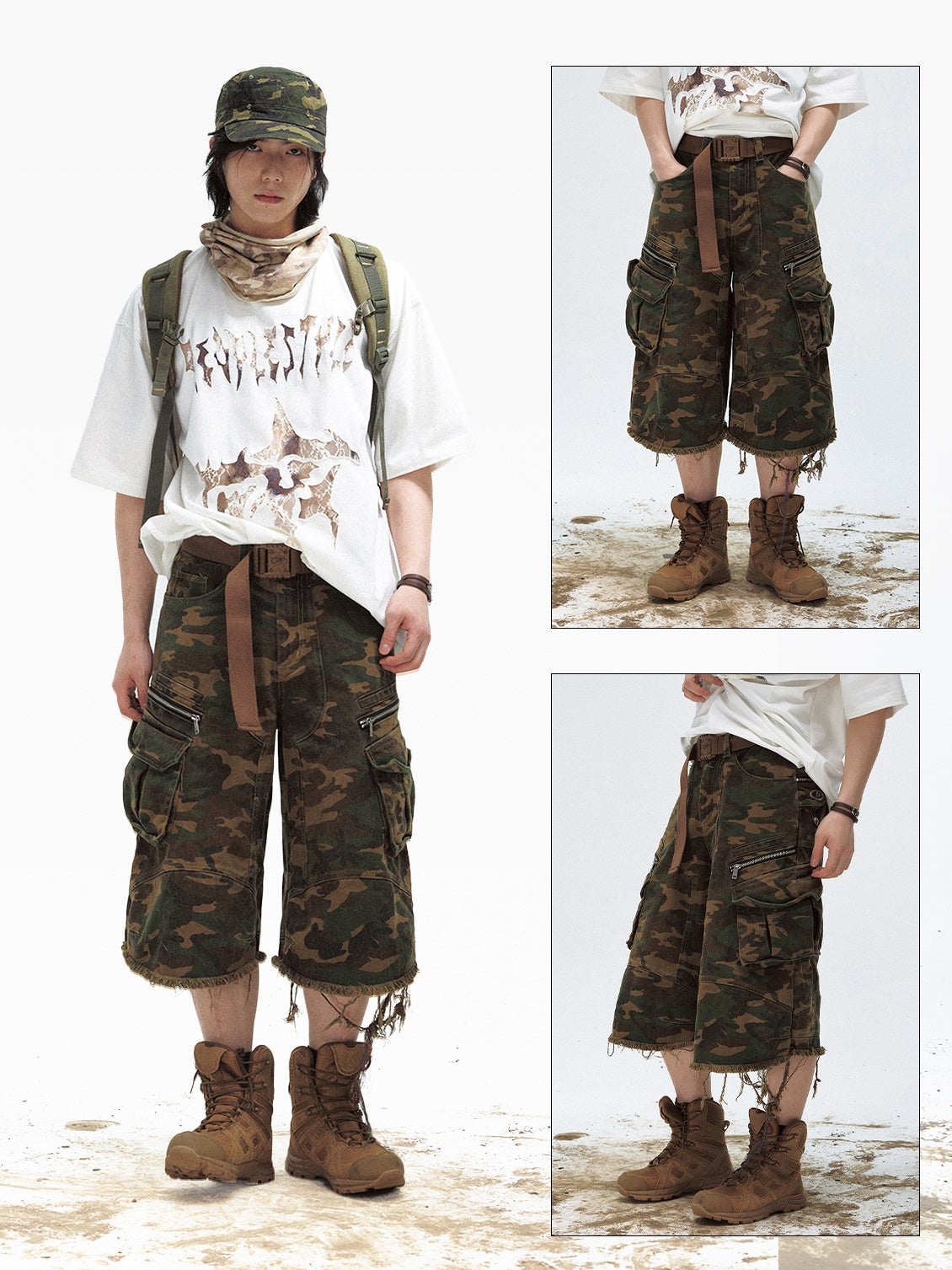 Camouflage Raw Edge Straight Work Cropped Pants