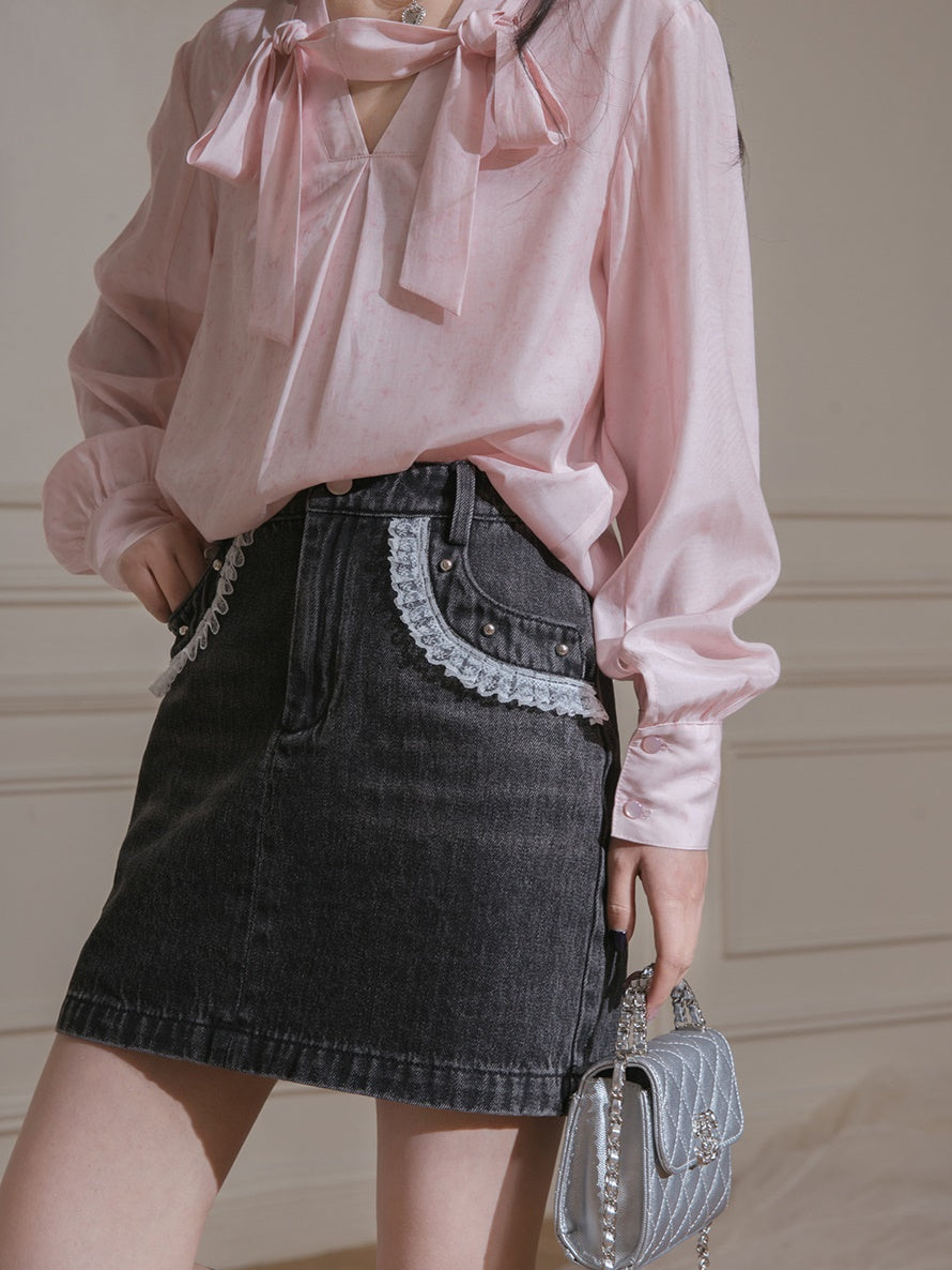 Lace Stitch Denim Skirt