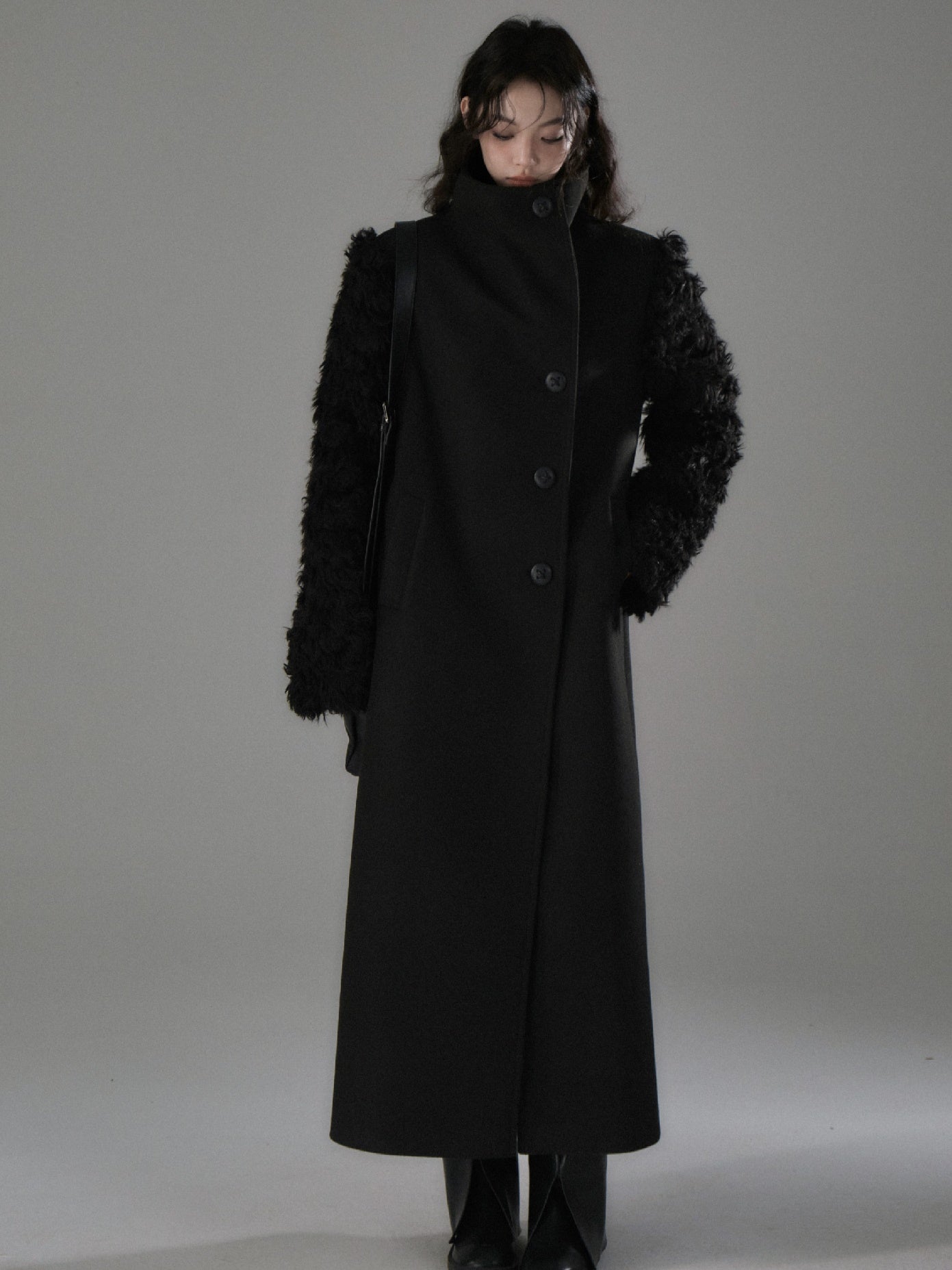 Plush Fur Sleeve Splicing Stand Collar Coat