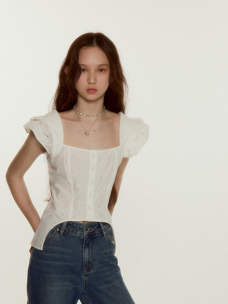 Embroidered Small Floral Flying Sleeve Top