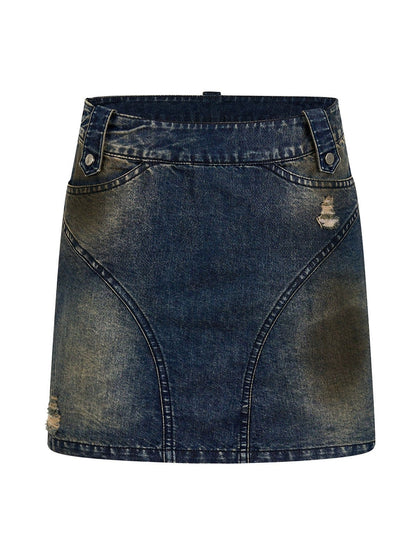 Holes Washed Denim Skirt