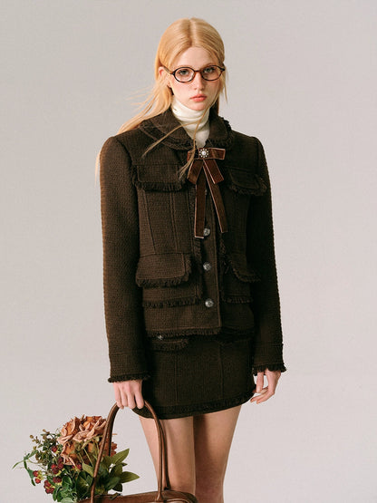 College Style Tweed Short Jacket &amp; Mini Skirt