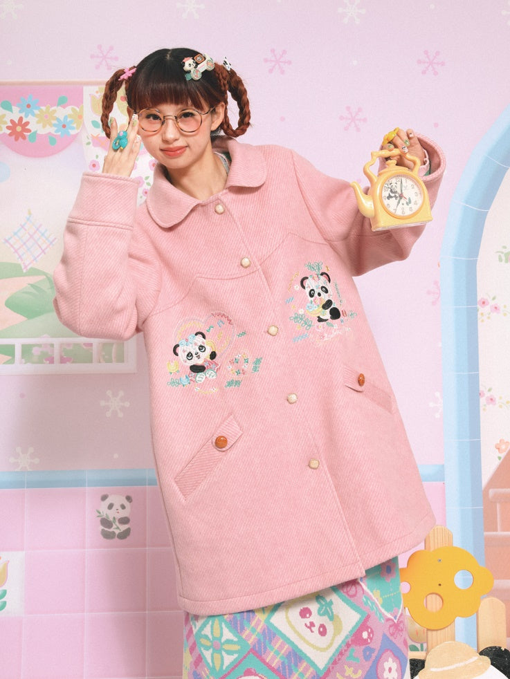 Panda Embroidered Doll Collar Mid-length Coat