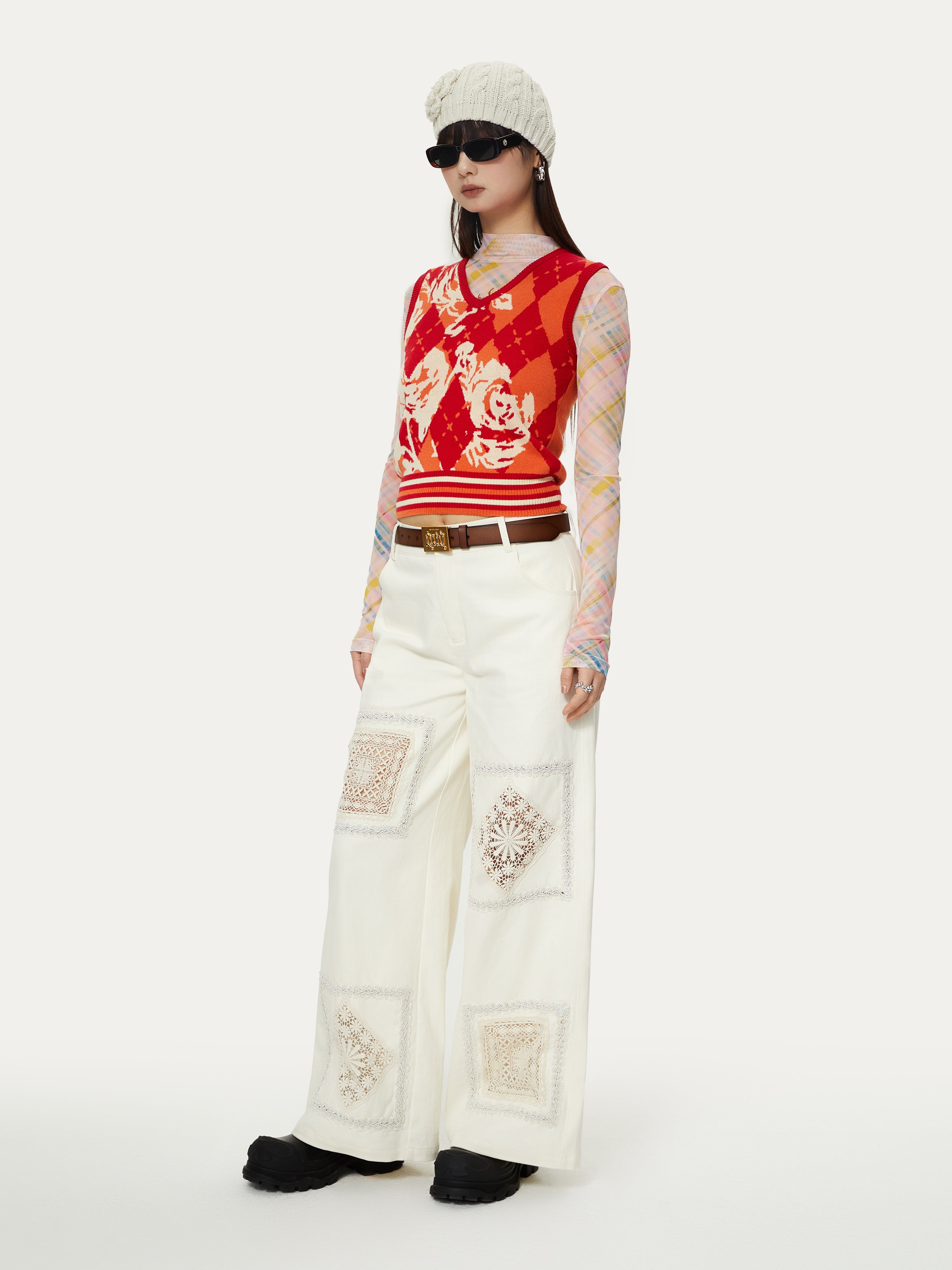 Hollow Lace Embroidered Patchwork Straight Wide-leg Pants