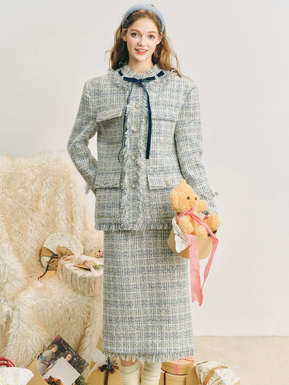 Loose Silhouette Tweed No-Collar Jacket ＆ Mid-Length Skirt