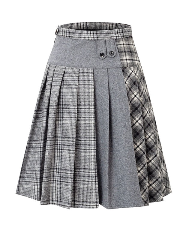 Plaid Stitching Design Pleated Skirt