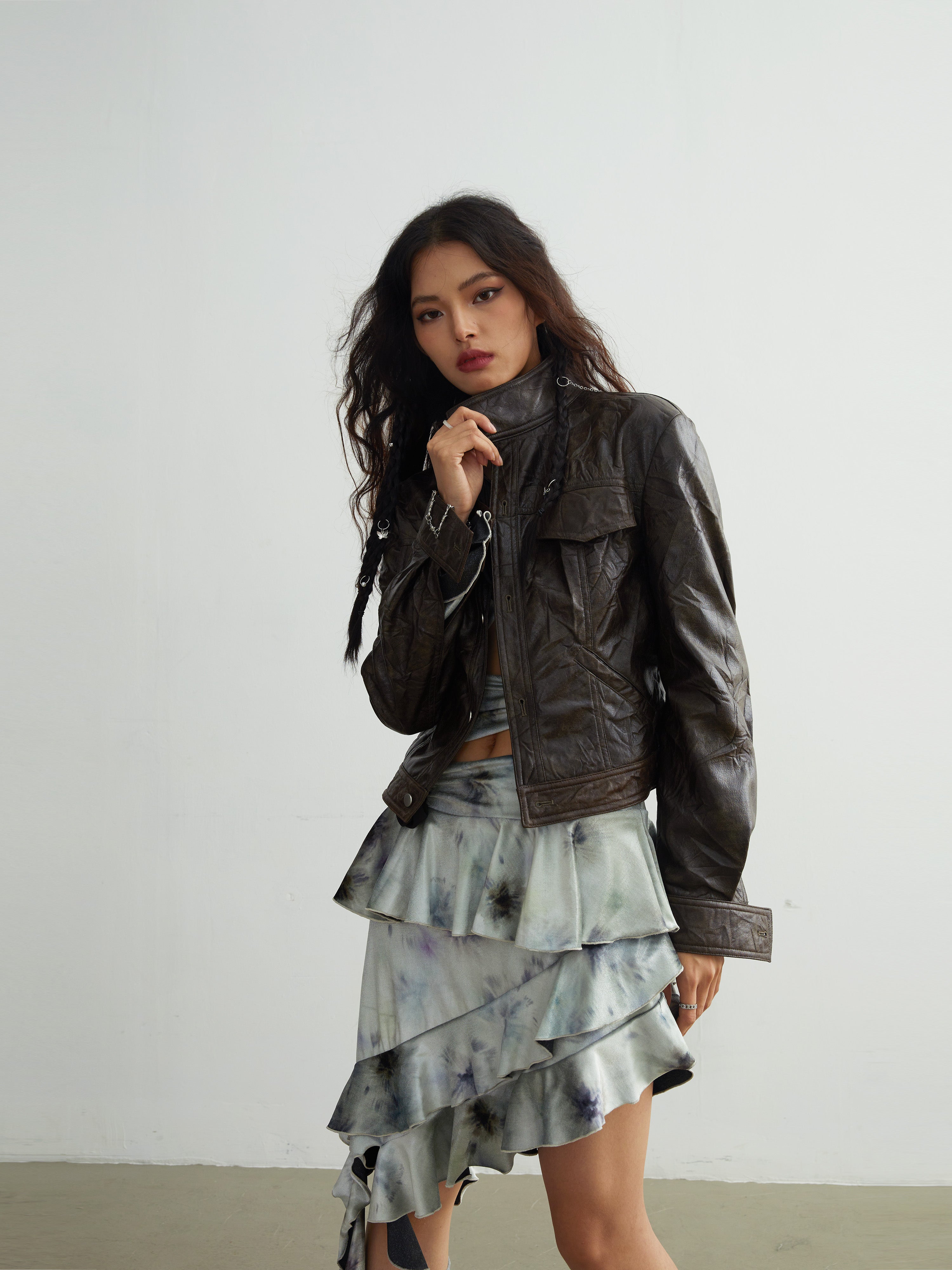 Wrinkled Texture Imitation Leather Slim Jacket