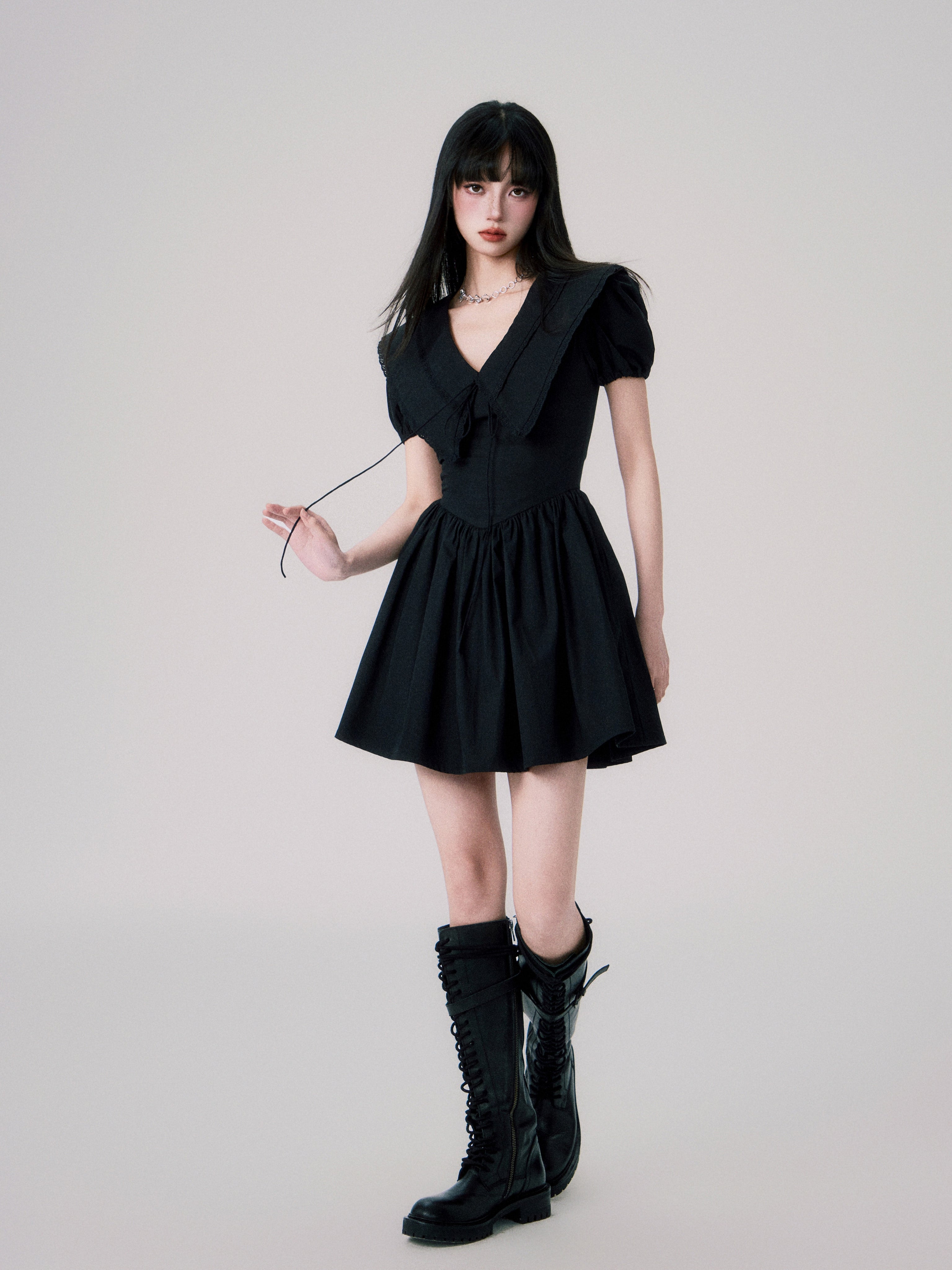 Babydoll Collar Puff Sleeve Short One-piece