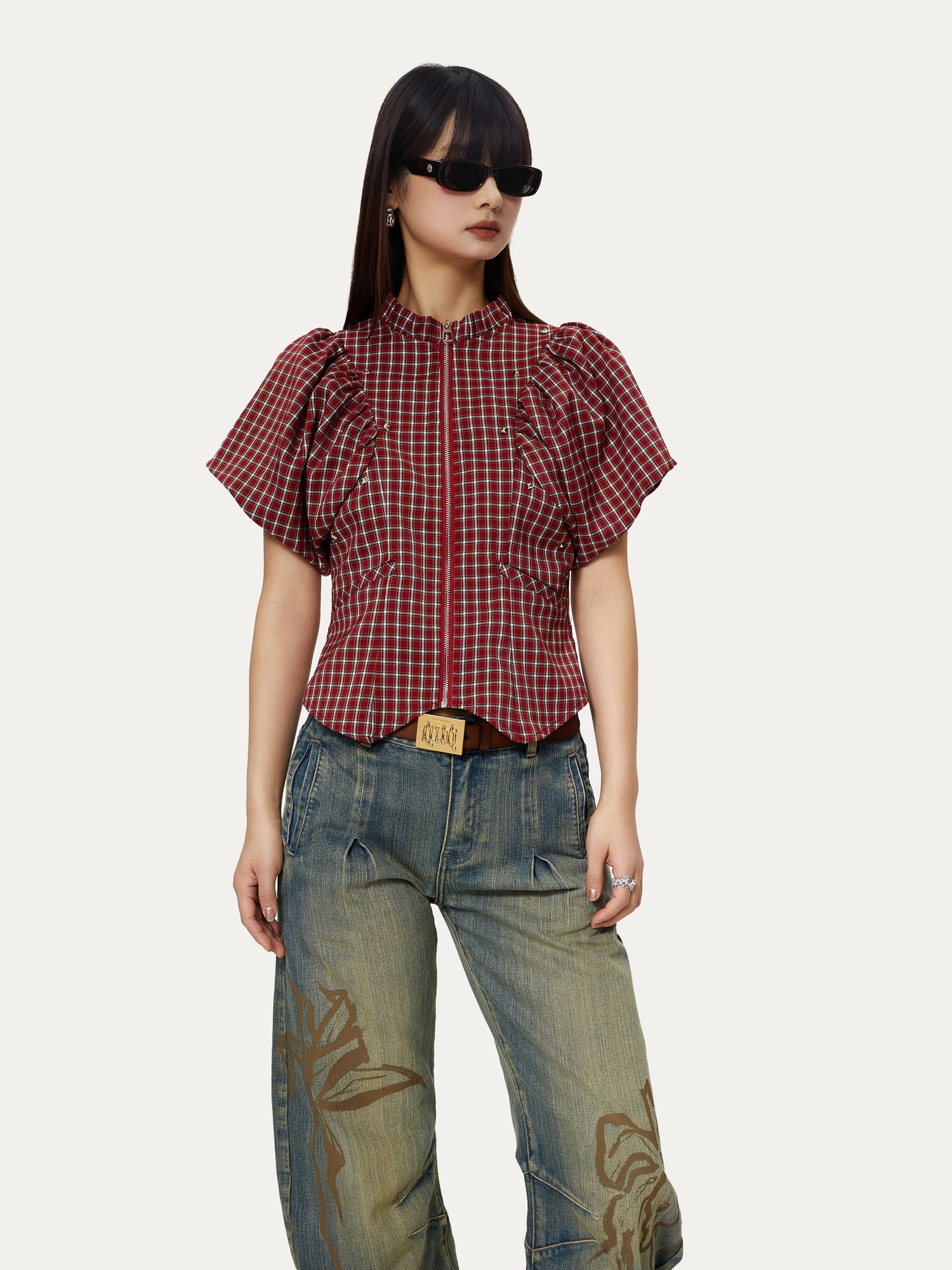 Plaid Flower Bud Short Sleeve Shirt