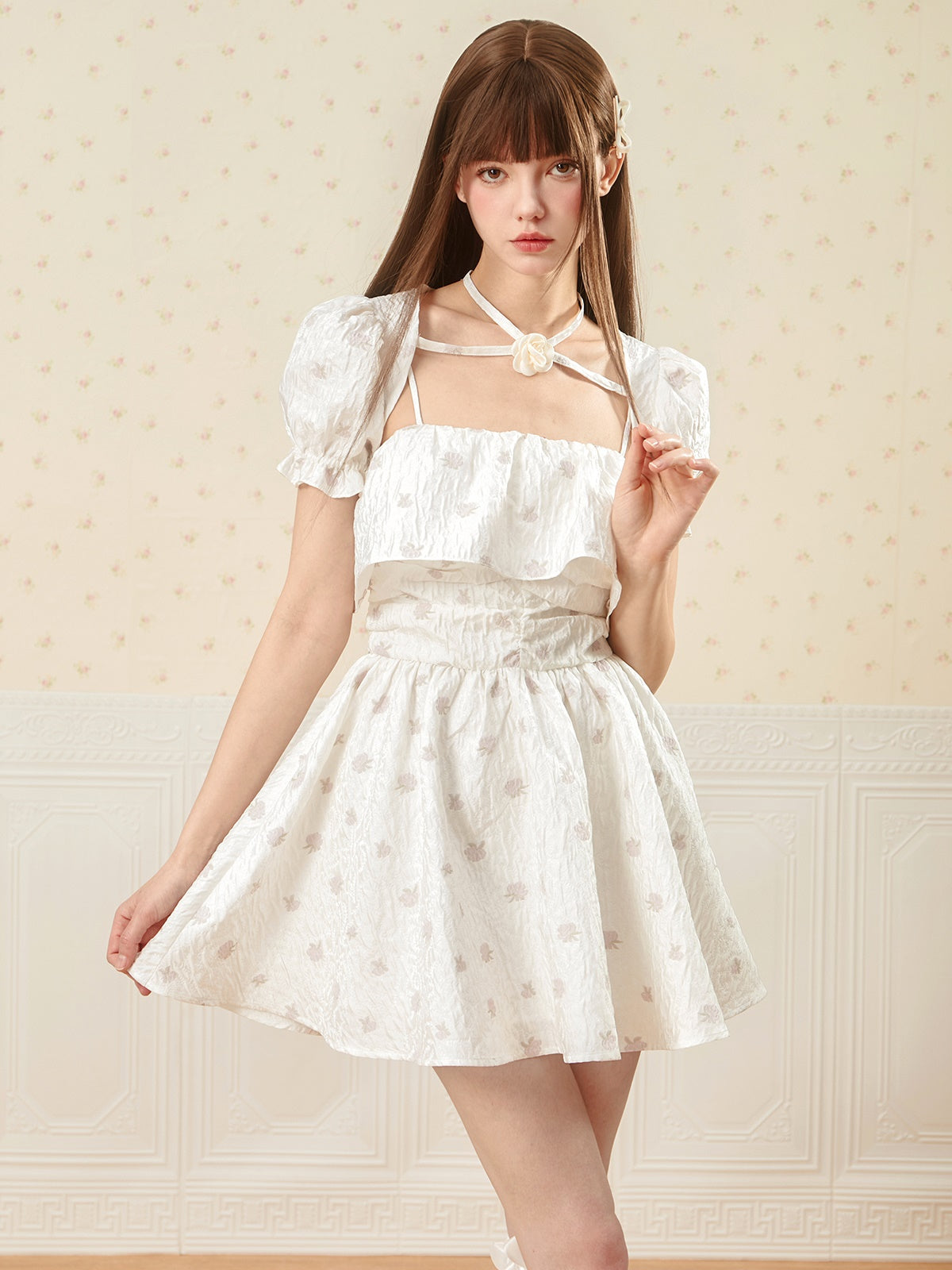 French White Floral Sling Princess Dress &amp; Sleeve Bolero Set