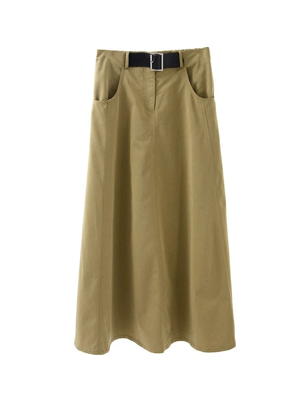 Mid-length Belt Decorated A-line Skirt