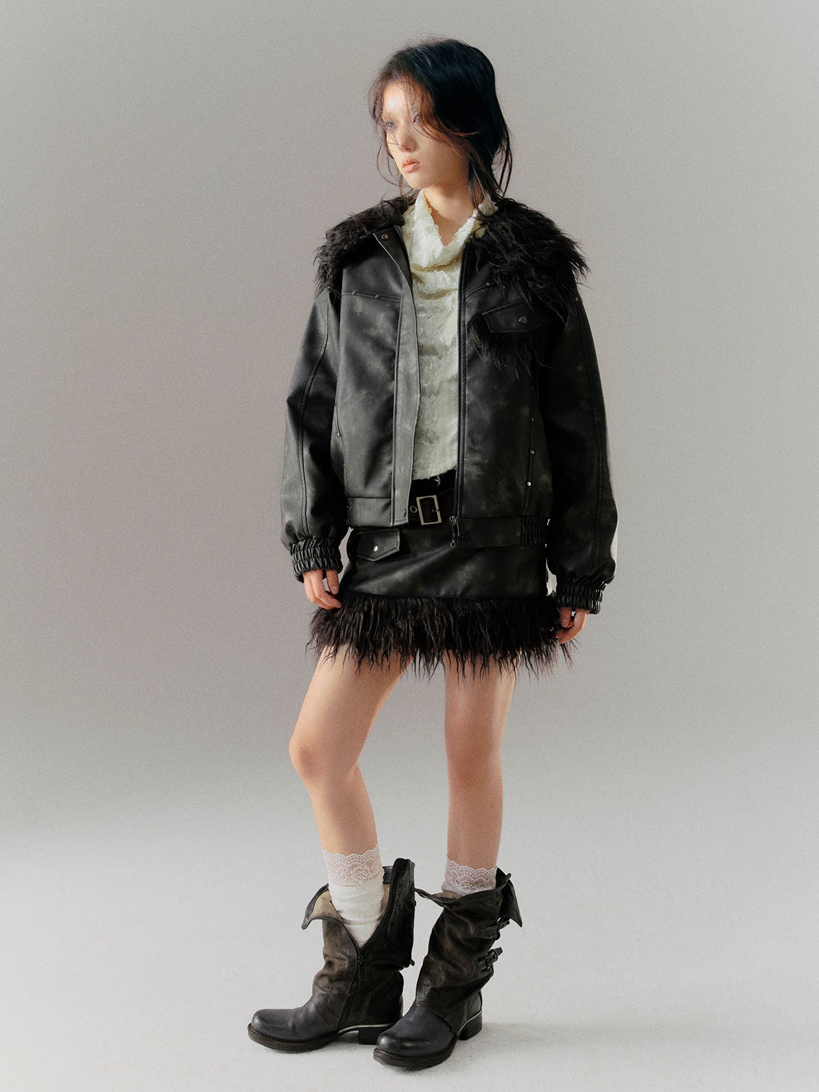 Retro Stitching Fur Double Belt Tie-dye Leather Skirt