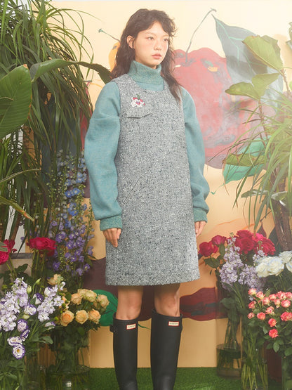 Kirschblüte bestickte Tweed -Weste Kleid