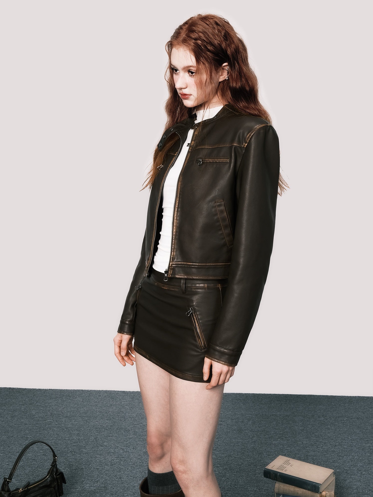 Retro Short Leather Jacket &amp; Ultra Mini Skirt