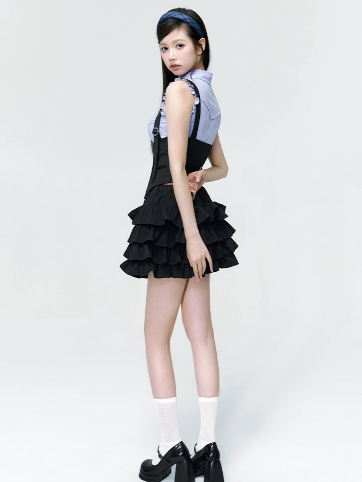 Frill Tiered Cropped Short Blouse＆Vest＆Skirt