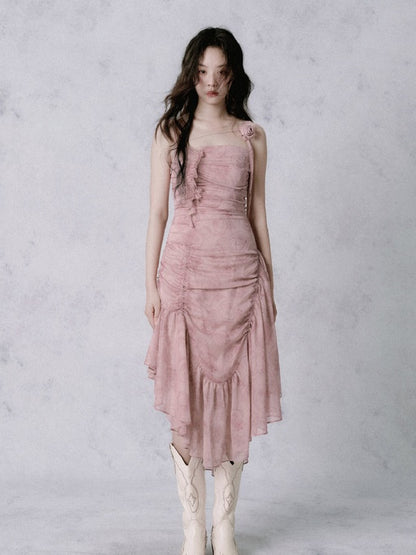 Asymmetric Wrinkled Suspender Dress