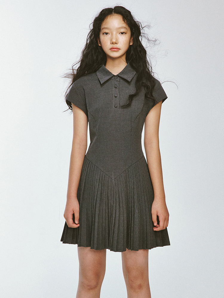 College Style Pleated Stitching Striped Polo Dress