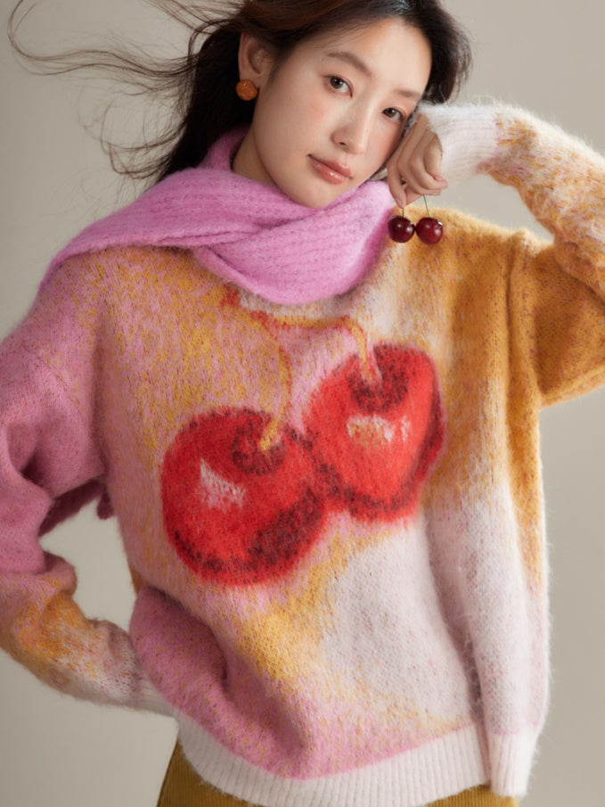 Cherry Gradient Jacquard Loose Pullover Sweater