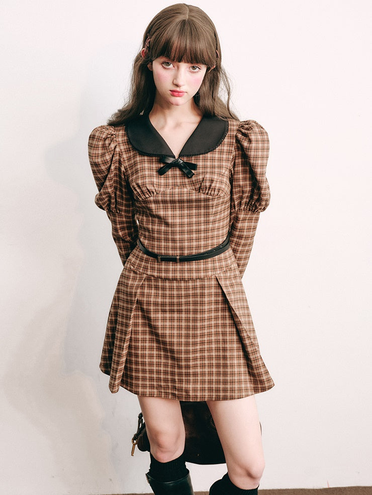 Plaid Retro Bubble Sleeve Kleid