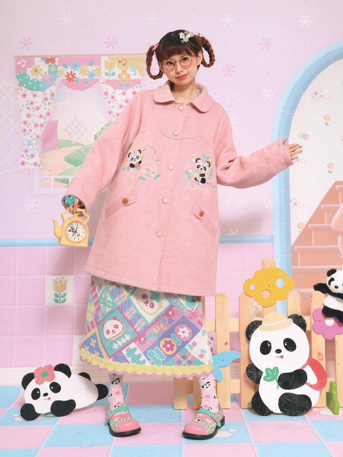 Panda Embroidered Doll Collar Mid-length Coat