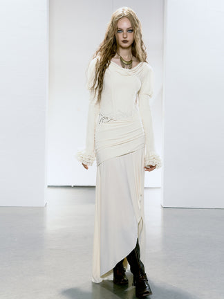 Slant Shoulder Asymmetrical Design Pleated Slim Fit Hip Hot Silver Dress