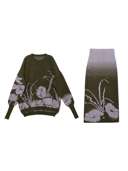 Loose Flower Jacquard Knitted Sweater &amp; Skirt